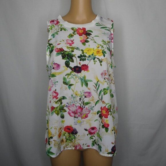 One Clothing Los Angeles Floral Sleeveless Blouse White Contrast Colorful Flower - Picture 1 of 8
